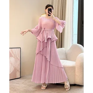 2025 Spring Autumn New French Light Luxury Elegant Fashion Casual Maxi Solid Pleated Dress Irregular Design Ladies Dress
