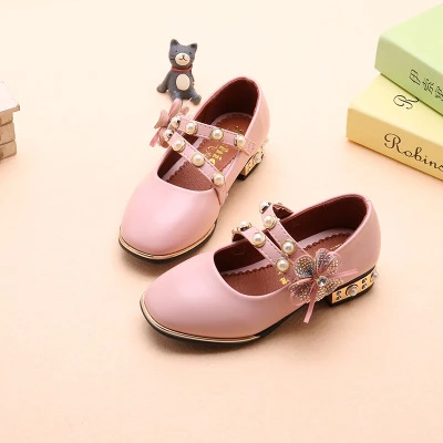 Оптовая продажа, новейшие стильные модные кожаные детские туфли принцессы на ремешке, обувь на высоком каблуке для девочек