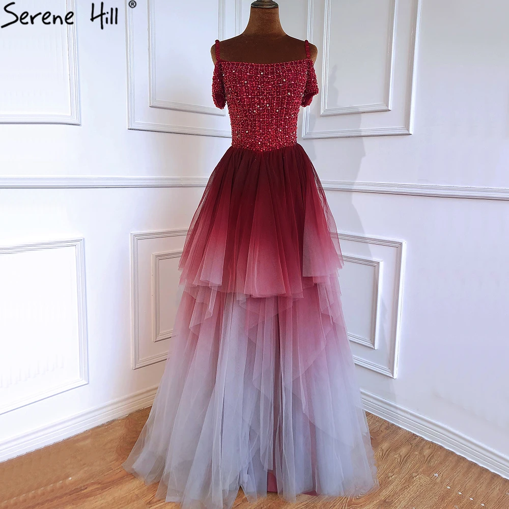 Wine Red Beaded a Line Evening Prom Dresses Serene Hill LA70768 Short Sleeves Formal Party Gowns for Women