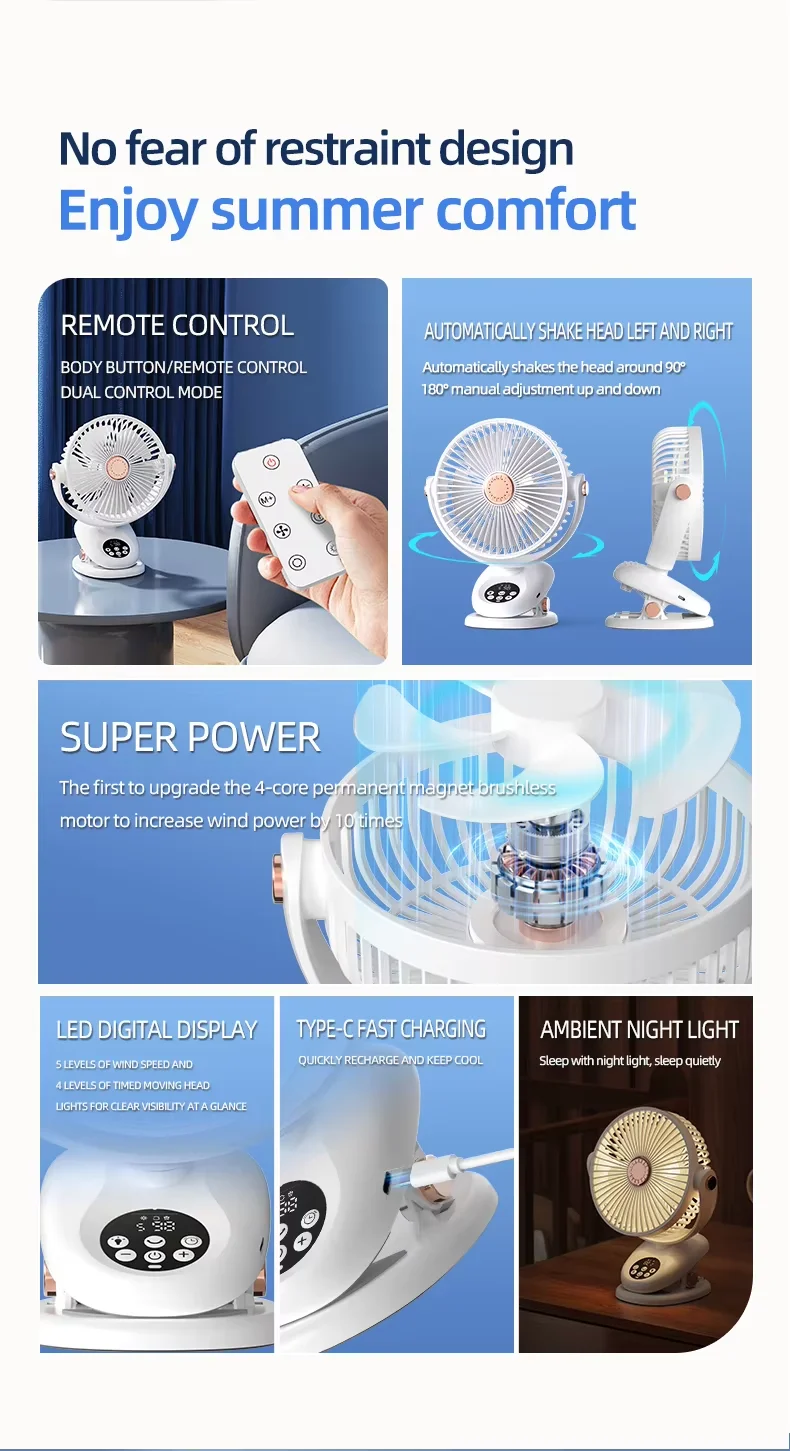 Adjustable 8-inch 6.5-inch Diameter Desktop Shaking Clip Fans Innovative Digital 720° 3-Blade 36dB Noise Level for Office Home