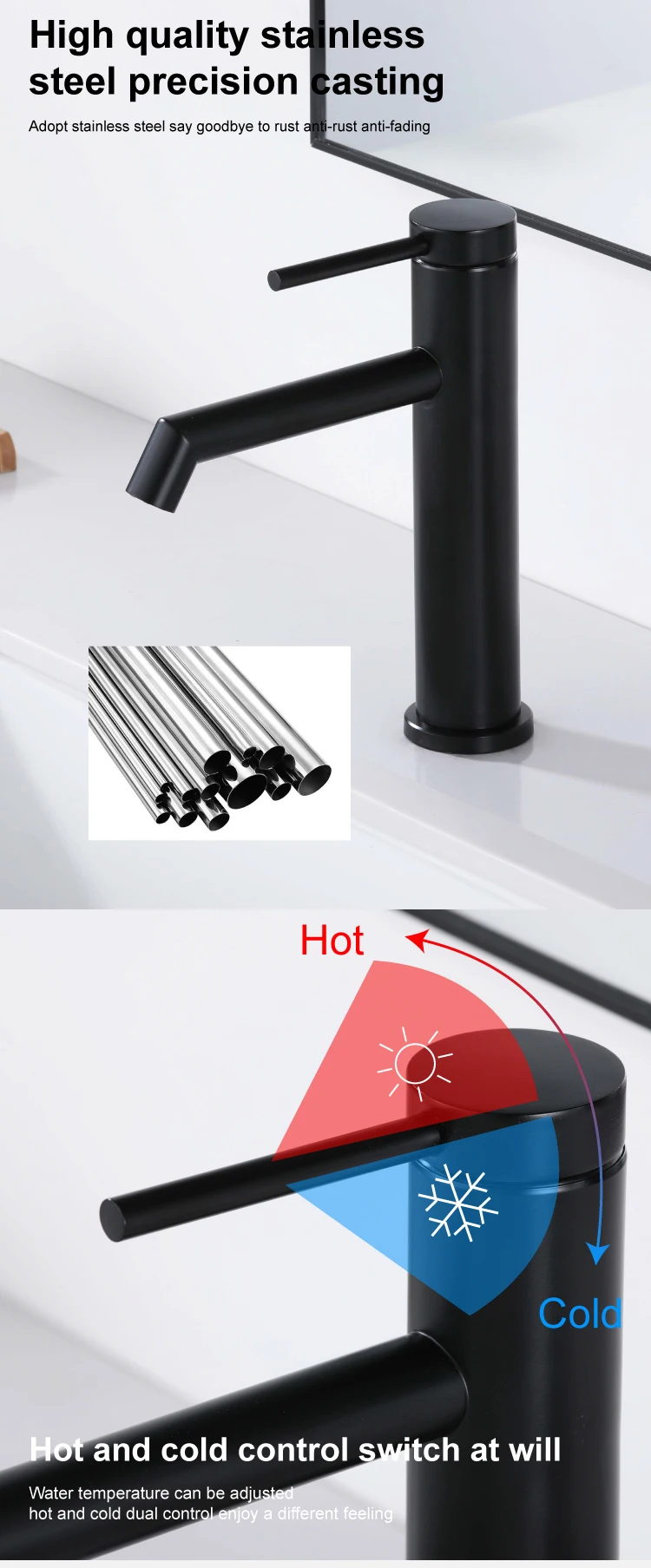 Matte Black Deck Mounted Water Sink Taps Hot and Cold Bathroom Mixer Stainless Steel Single ...