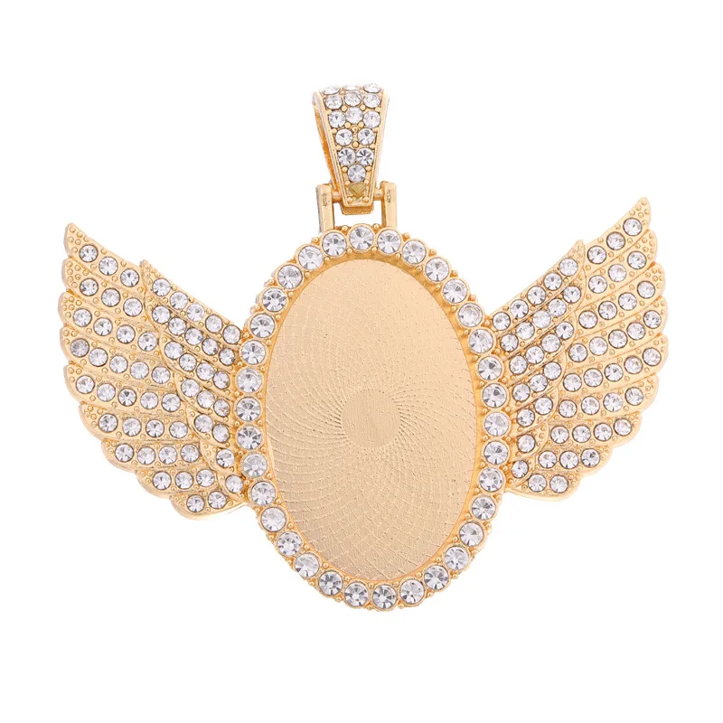 Hiphop Gold Picture Frame Charms Pendant Cabochon Tray with Crystal Angel Wings Oval Blank Bezel & Memory Diamond Made of Alloy