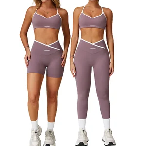 1Piece Women's Cross High-Waist Pants Color-Block Tight Butt-Lifting Yoga Pants for Running Fitness Yoga Bra Sports Top