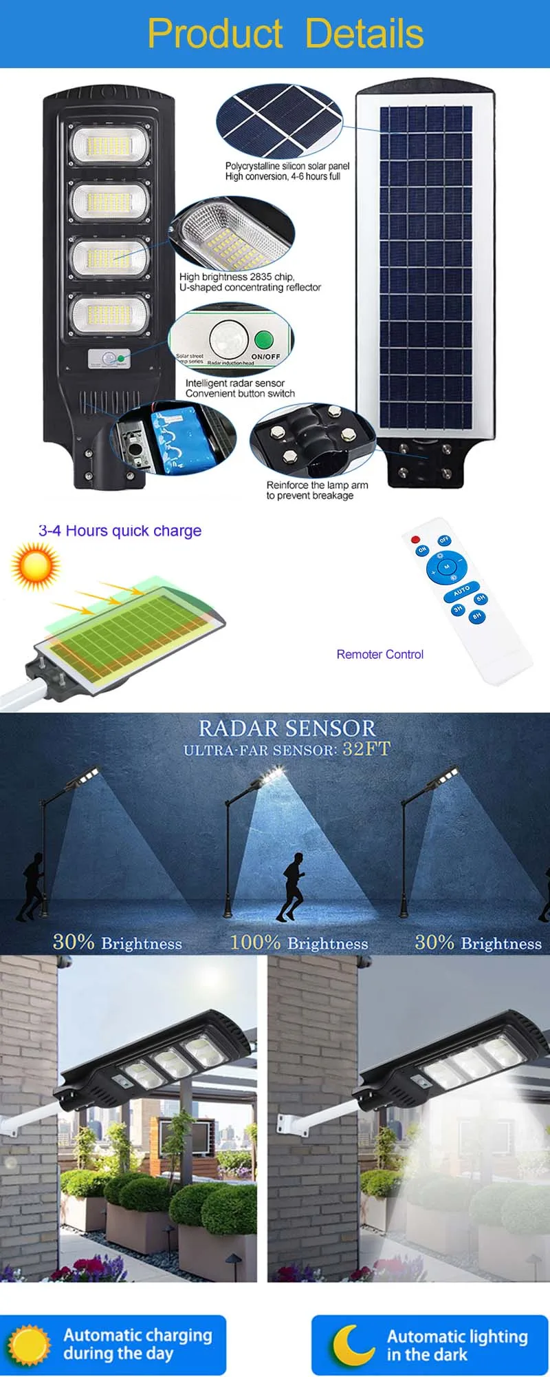 Waterproof Solar Light 60w 120w 180w 240w 300w Integrated All in One Led Solar Street Light