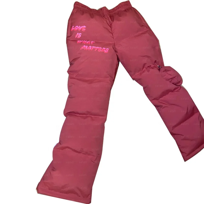 Custom Screen Print Cotton Fleece Baggy Thermal Heart Pocket Winter Skate Snow Bubble Women Unisex Down Puffer Pants for Men