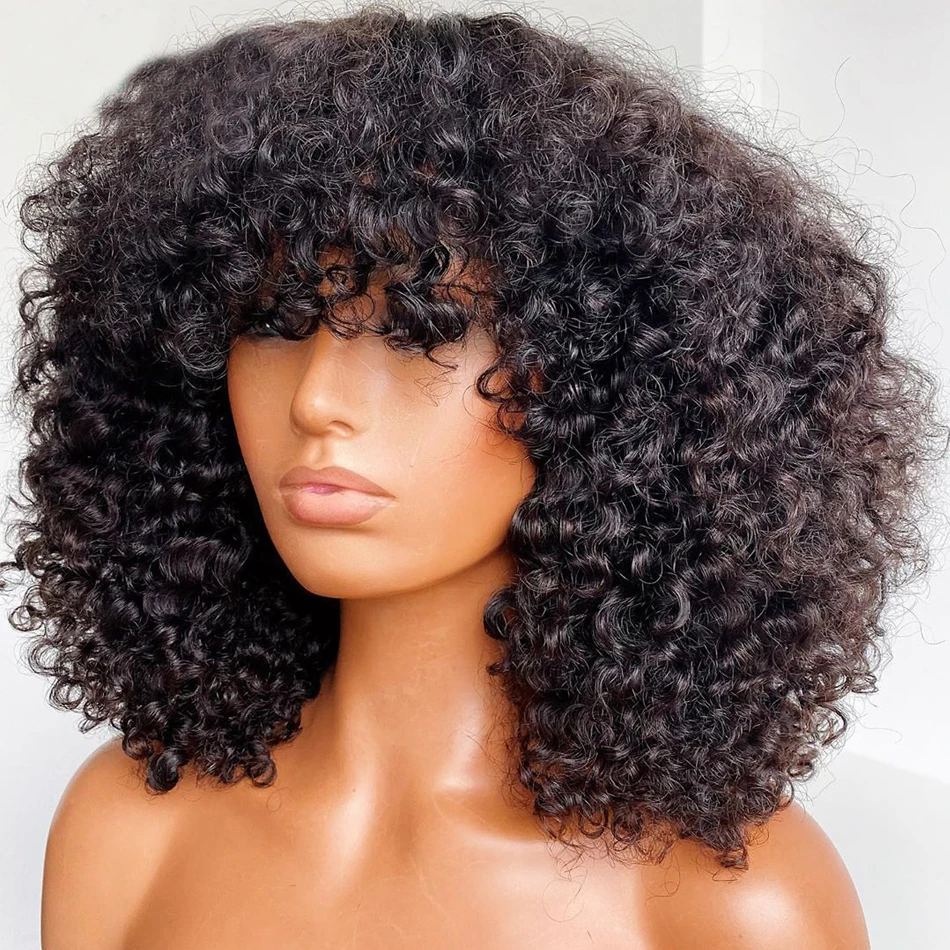 Wigs Cambodian Hair Curly Wave Unprocessed Human Hair Cuticle Aligned Lace  Front Wig With Hair Bang, image size:950x950
