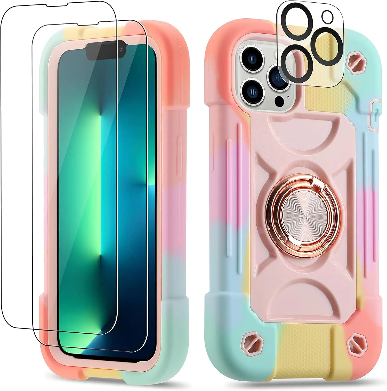 Shockproof Case for iPhone 16 15 14 13 Pro Max with Ring Stand Heavy Duty Cover Glass Screen Protector Camera Lens Protector