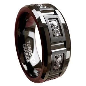 Coolstyle Jewelry 8mm Wholesale Men Women Engagement Eternity Wedding Band CZ Stone Inlay All Around Black Tungsten Carbide Ring