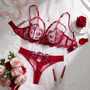 2026 Latest European & American Style Valentine's Day Sexy Lingerie Set: Lace-Trimmed Floral Embroidered Push-Up Bra
