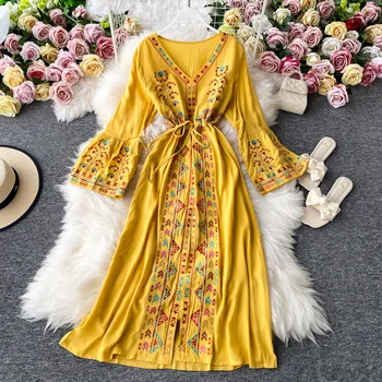 Spring Autumn Indie Folk Heavy Flower Embroidery Dress Women V Neck Flare Long Sleeve Long Vestido High Waist Drawstring Dresses