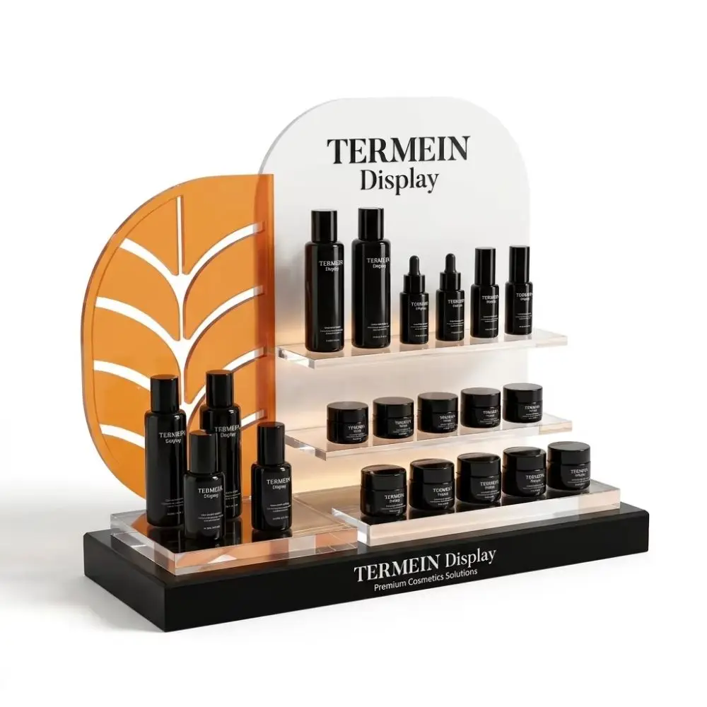Custom orange leaf acrylic tier cosmetic display stand for skincare brand showcase TERMEIN Display