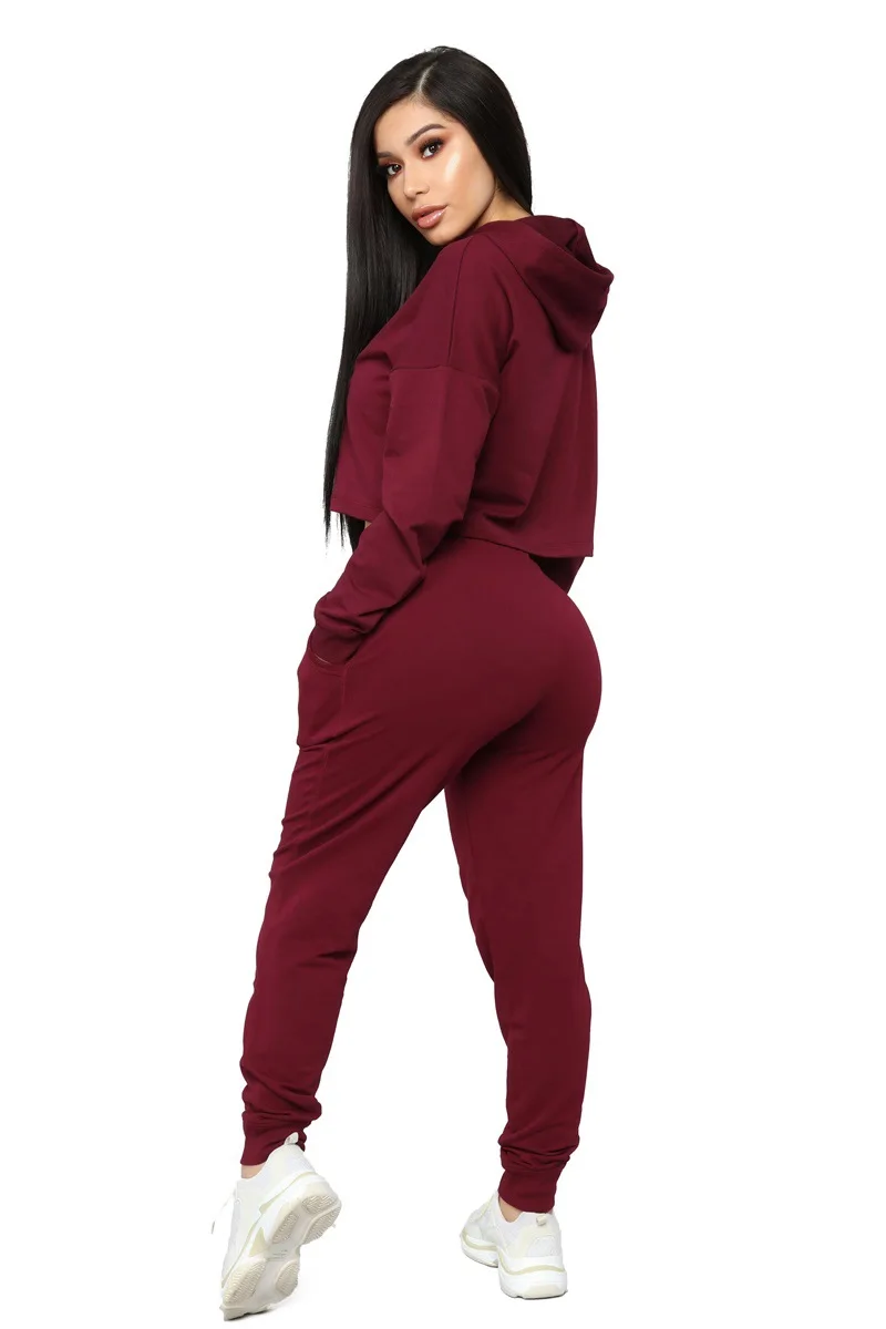 high quality fashion pullover cropped hoodie set solid color womens sweatshirt set