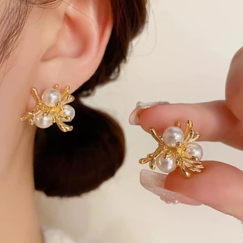 14K Gold Ladies Pearl Spider Earrings Classic Wedding Engagement Anniversary Party Gift Creative Halloween Earrings