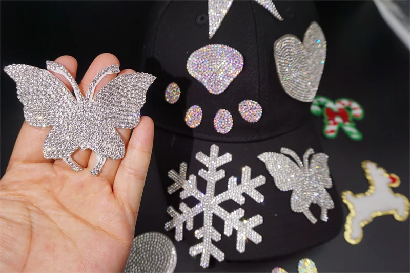 Designer ready design wholesale rhinestone t-shirt logo bowtie luxury heat press rhinestone patches