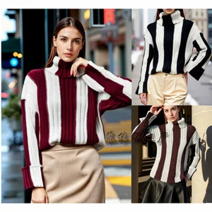 Striped Knitted Sweater Splicing High Collar Long Sleeve Sweater for Women
