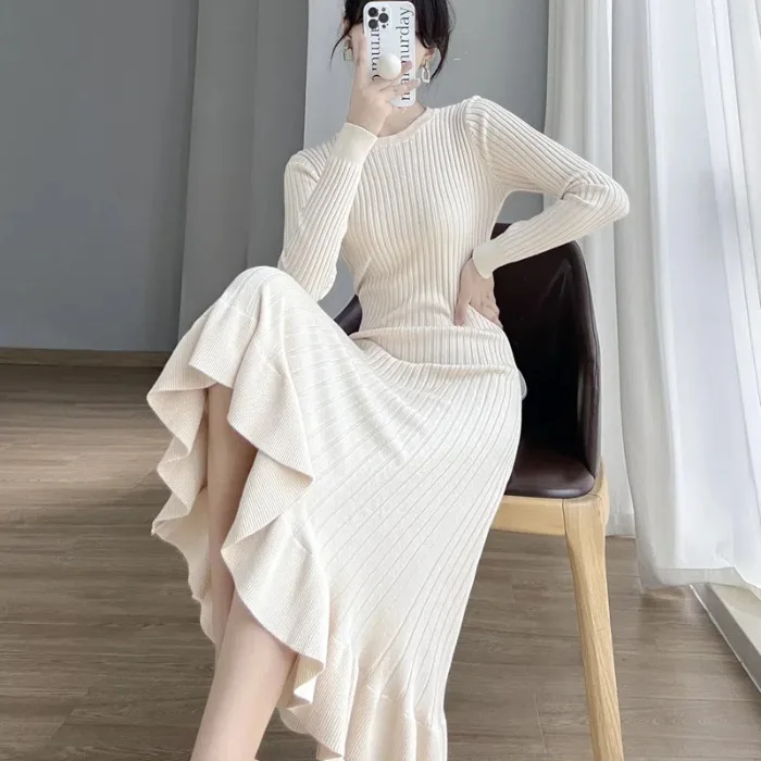Fishtail Knitted Dress Women's Over the Knee Mid-length Base With a Slim  Sweater Dress.