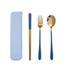 Oro+azul- Cuchara/tenedor/palillos/estuche