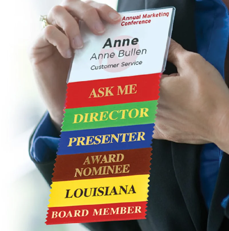 Custom Horizontal Stackable Polyester Badge Ribbons Self-Adhesive Name Badges for Conferences Offset Printing