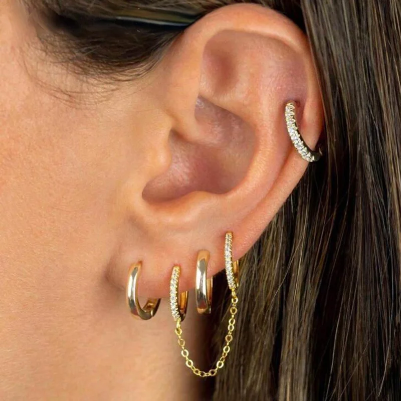 Promotion 2 Hole Double Piercing Mini CZ Circle Hoop with Chain Earring
