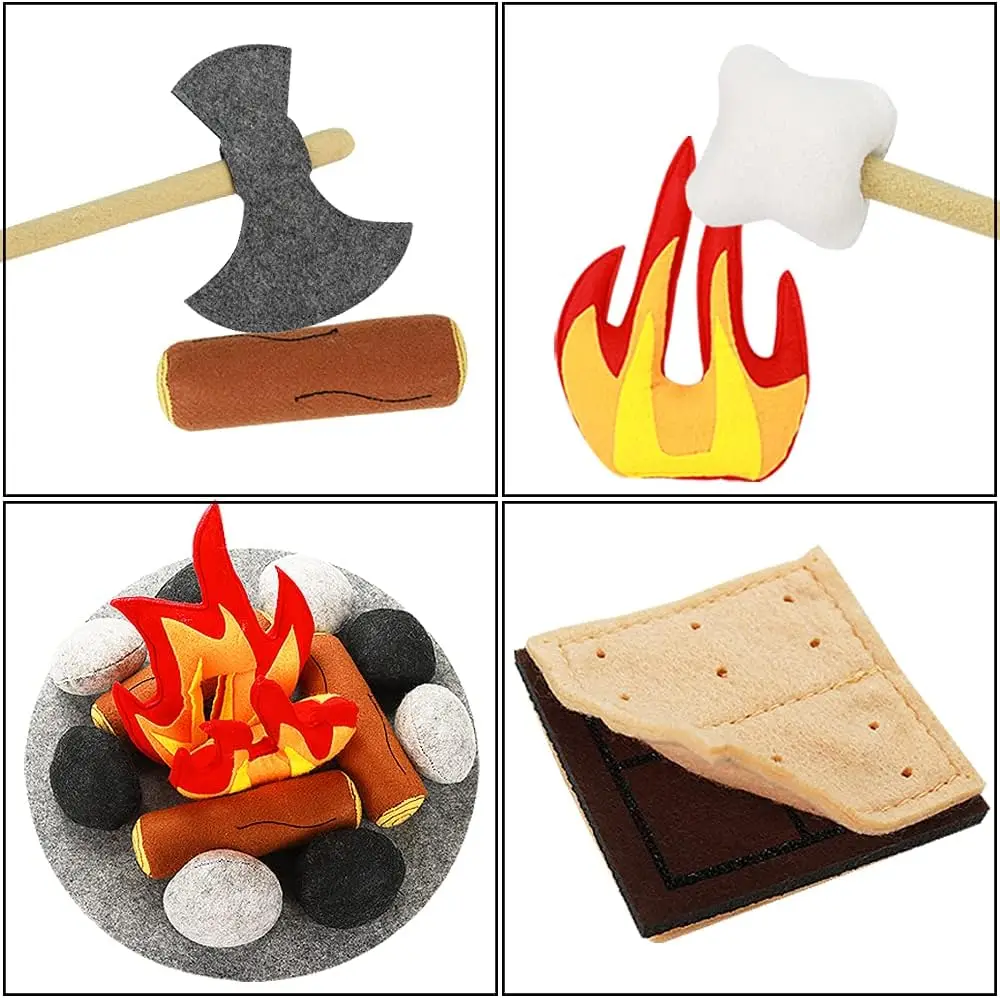 Safe to Play in Hoom Party Kids Campfire Toys Plush Felt Fake Wood Log  Roasted Marshmallow and Fire Play Pretend Camping Set