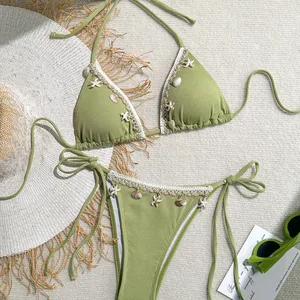 Shell Bikini for Women Sexy Triangle Cup Halter Neck Tie Strap Two Piece Swimsuit with Minimalist Design Spandex/Polyester