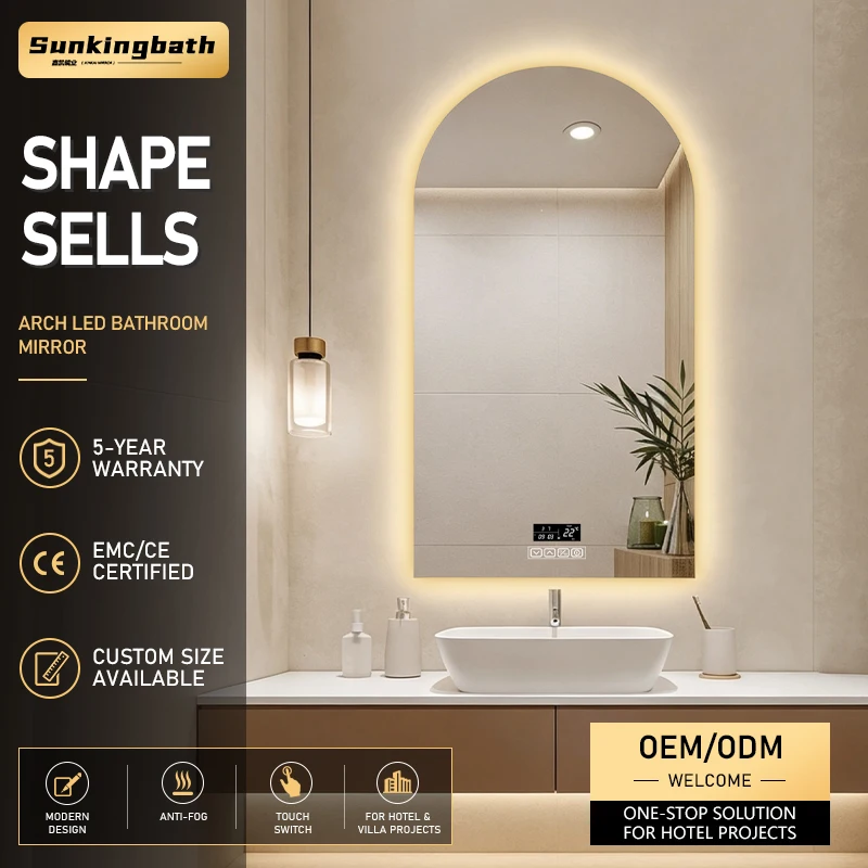 Modern Design Arch Smart Mirror Wall Mounted Backlit Espejo Inteligente Frameless Arched LED Bathroom Mirror with Led Light