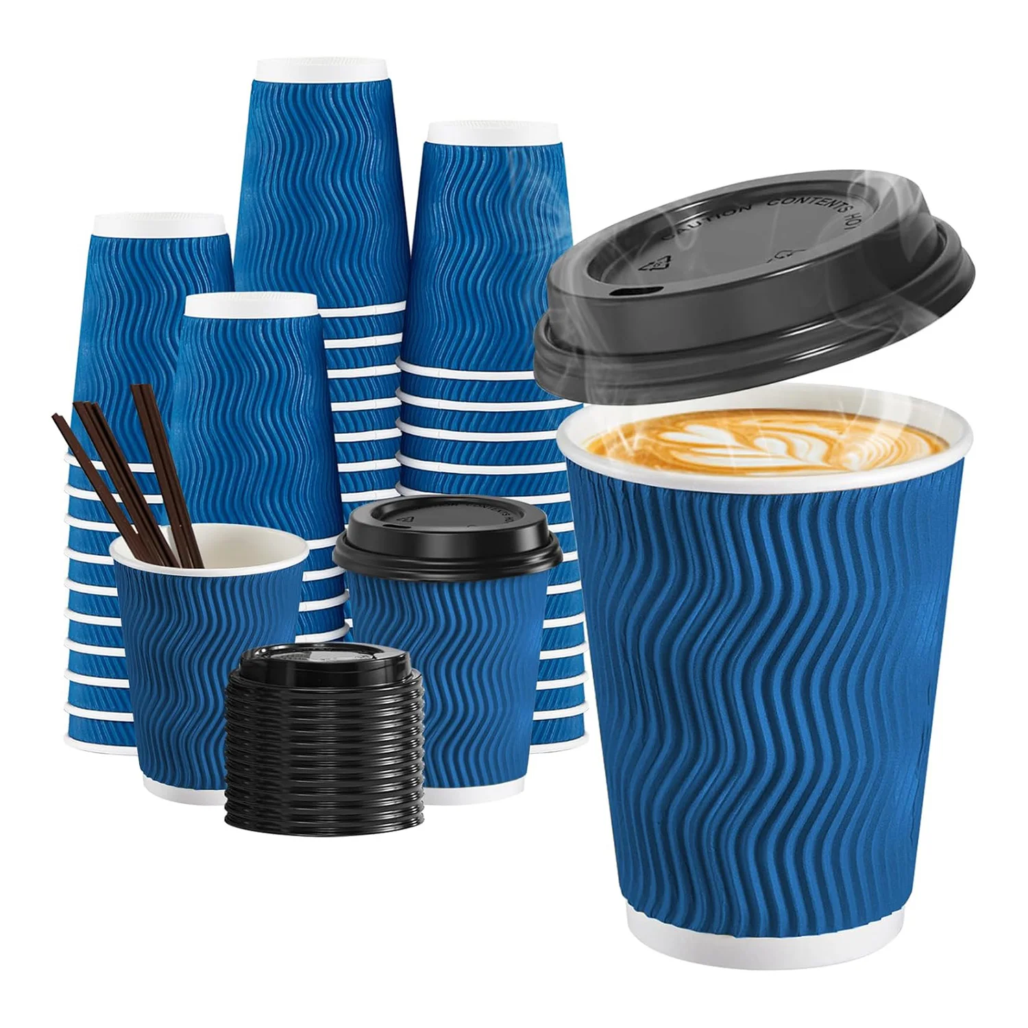 Custom logo Printing Cafe Takeaway 12oz 16oz Ripple Wall Takeaway Drink Paper Cup Packaging with Lid