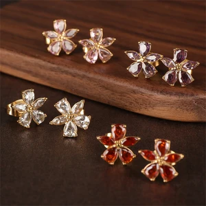 JUSTOP Wholesale Price Minimalist Stud Earrings Stainless Steel Fashion Flower Shape Bling Zircon Crystal Earrings for Girl