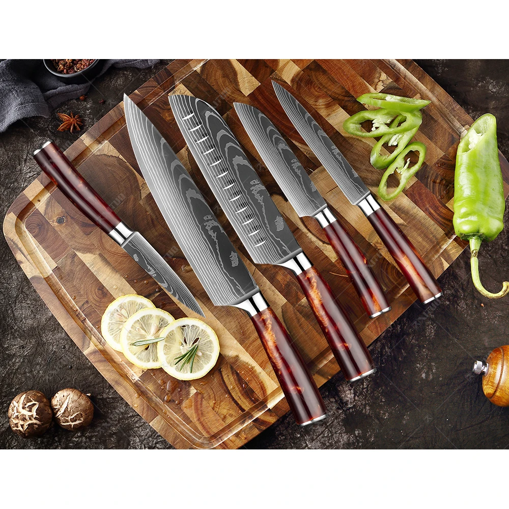 1-10 PCS Sharp Chef Knife Set Laser Damascus Pattern Kitchen Knife