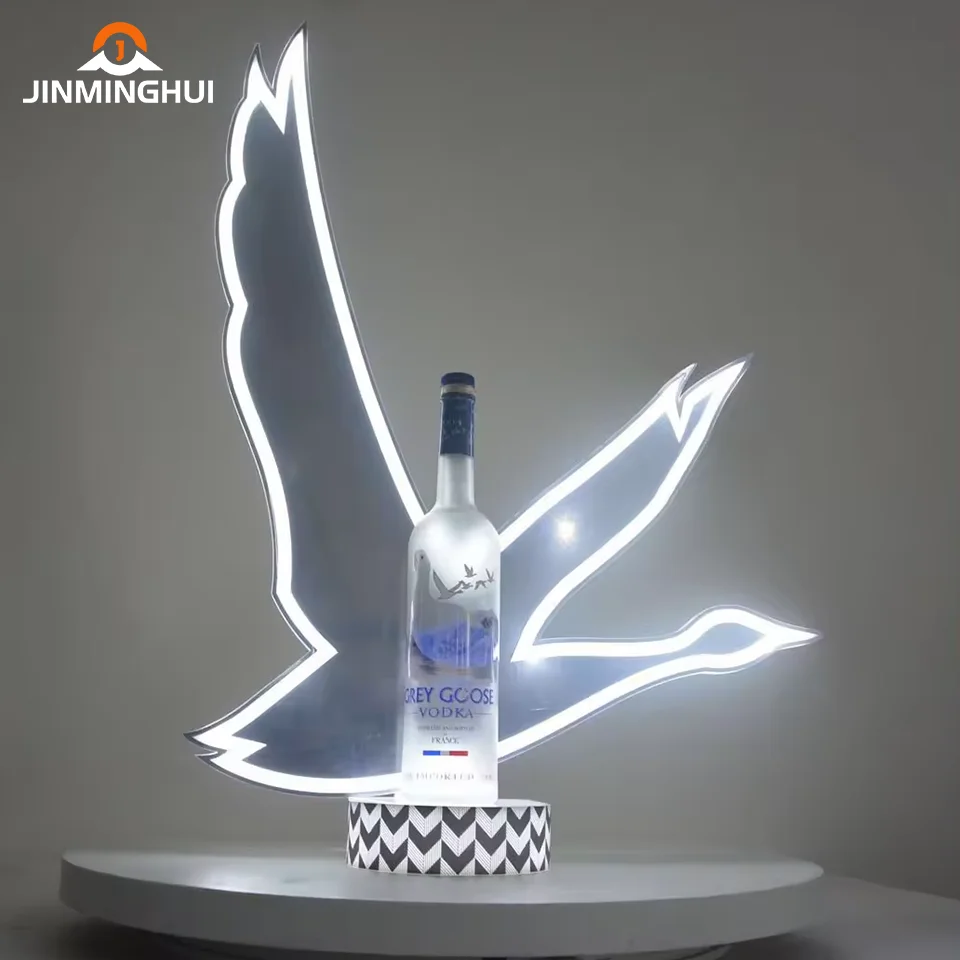 Custom Logo White Grey LED Glorifier Acrylic Bird Goose Shape Vodka Bottle Presenter for Advertising Party Display Racks