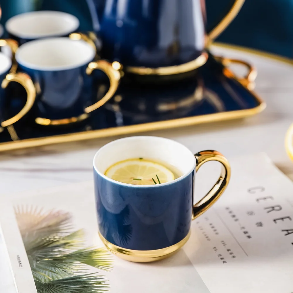 Wholesale Blue Ceramic Tea Set with 6 Cups & Gold Rim, Gift Boxed