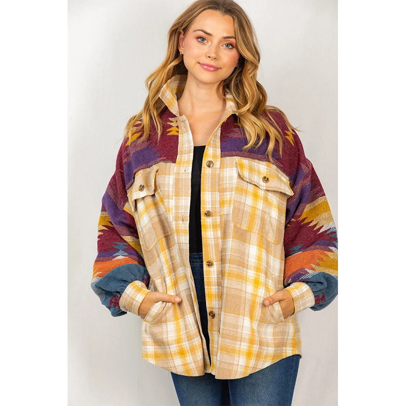 Women Aztec Print Shacket Revers Lange 