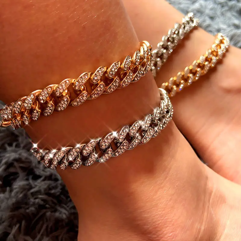 luxury silver 18k gold hip hop bracelet anklets crystal cuban link chain ankle foot jewelry for women rhinestone cuba anklet