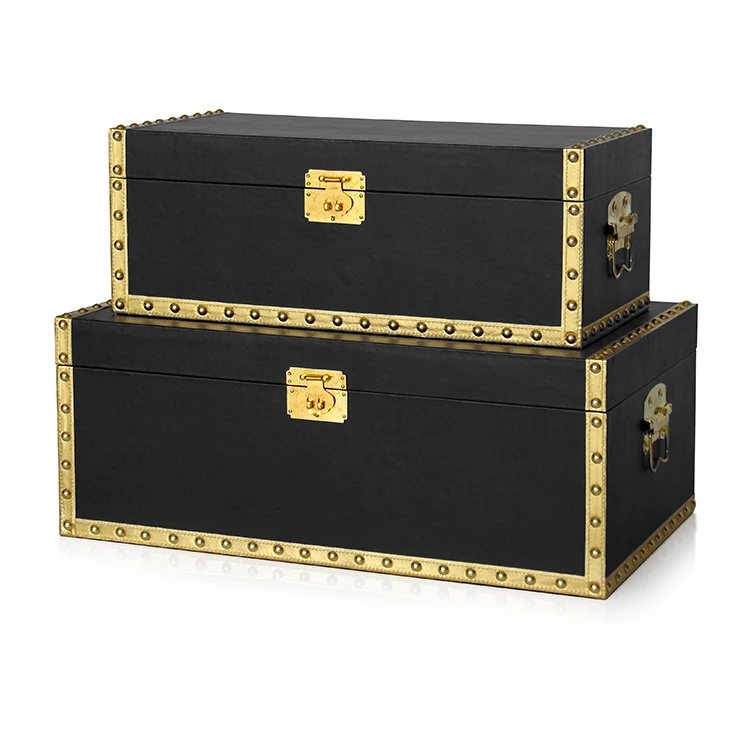 Set of 2 Faux Leather Storage Trunks with Gold Accessories