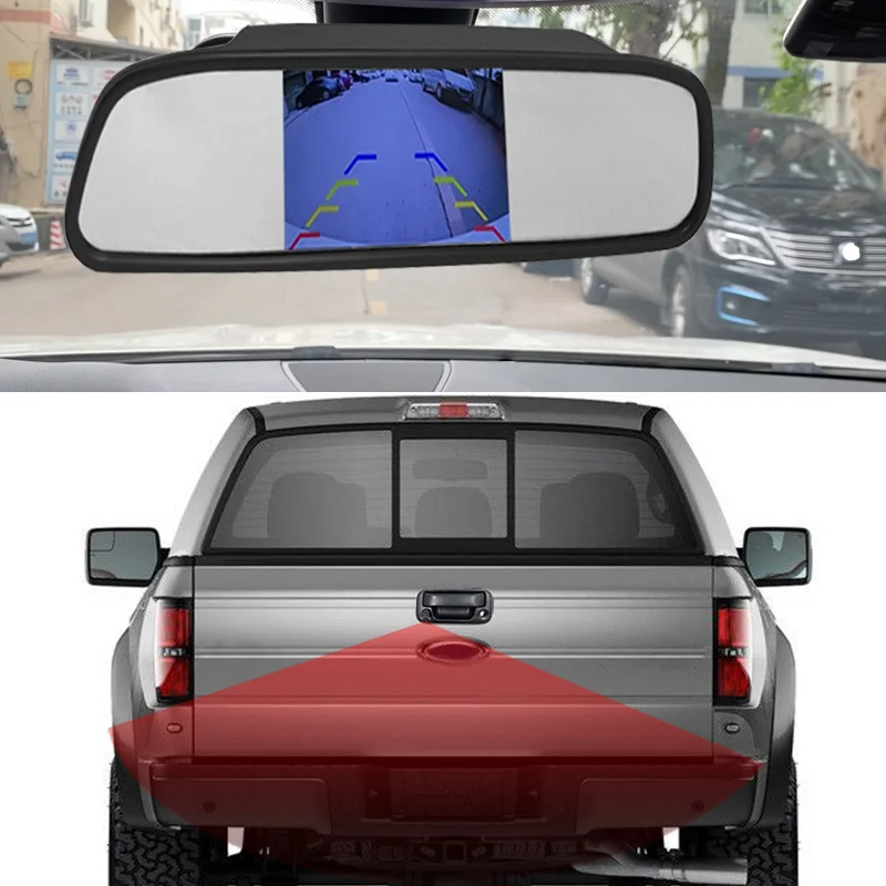 Waterproof Night Vision Rear View Door Handle Reverse Backup Car Camera with 4.3" Rear Mirror Monitor Kit for Ford F150