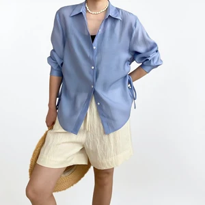 Custom Women's Light Blue Button-Down Shirt with Side Tie Details