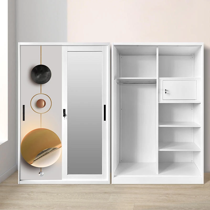Metal Wardrobe with 2 Sliding Doors and Mirror for Bedroom Storage and Organization