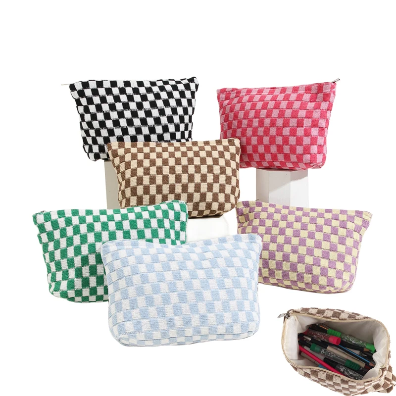 Popular Colors Checkered Board Makeup Bag Knitted Zipper Skincare Storage Bag Portable Large Capacity Cosmetic Bag for Makeup