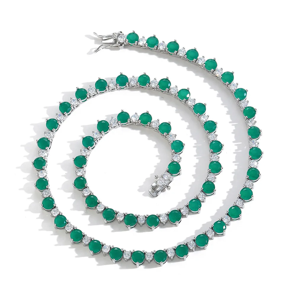 Prong Set 5mm Red Corundum Ruby Round Mix CZ Zircon Chains Bling Cubic Zirconia Diamond Malay Jade Tennis Chain Necklace