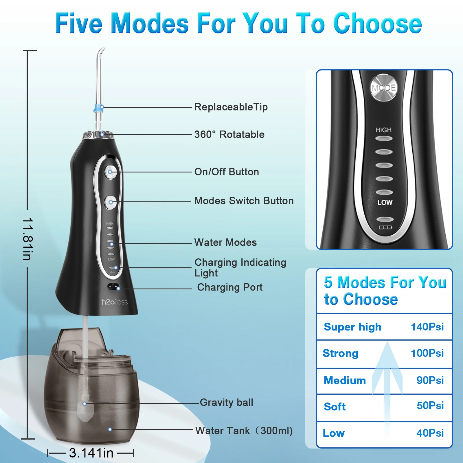 H2ofloss Portable Electric Water Flosser 5 Modes 8 Jets Cordless ...