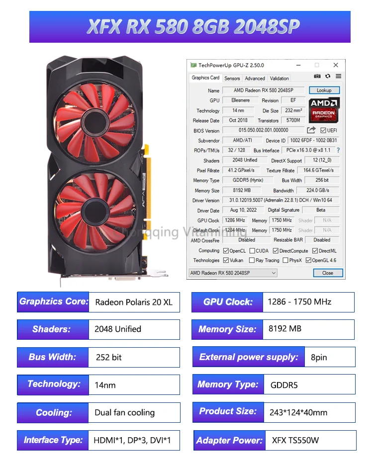 Original Amd Rx 580 8gb Gaming Graphics Card Ddr5 Used Graphics Cards