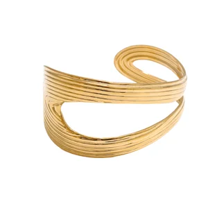 MW Women's 18K Gold Plated Cuff Bracelet 5052 Hollow Design PVD Waterproof Stainless Steel Geometric Pattern Jewelry Bangle