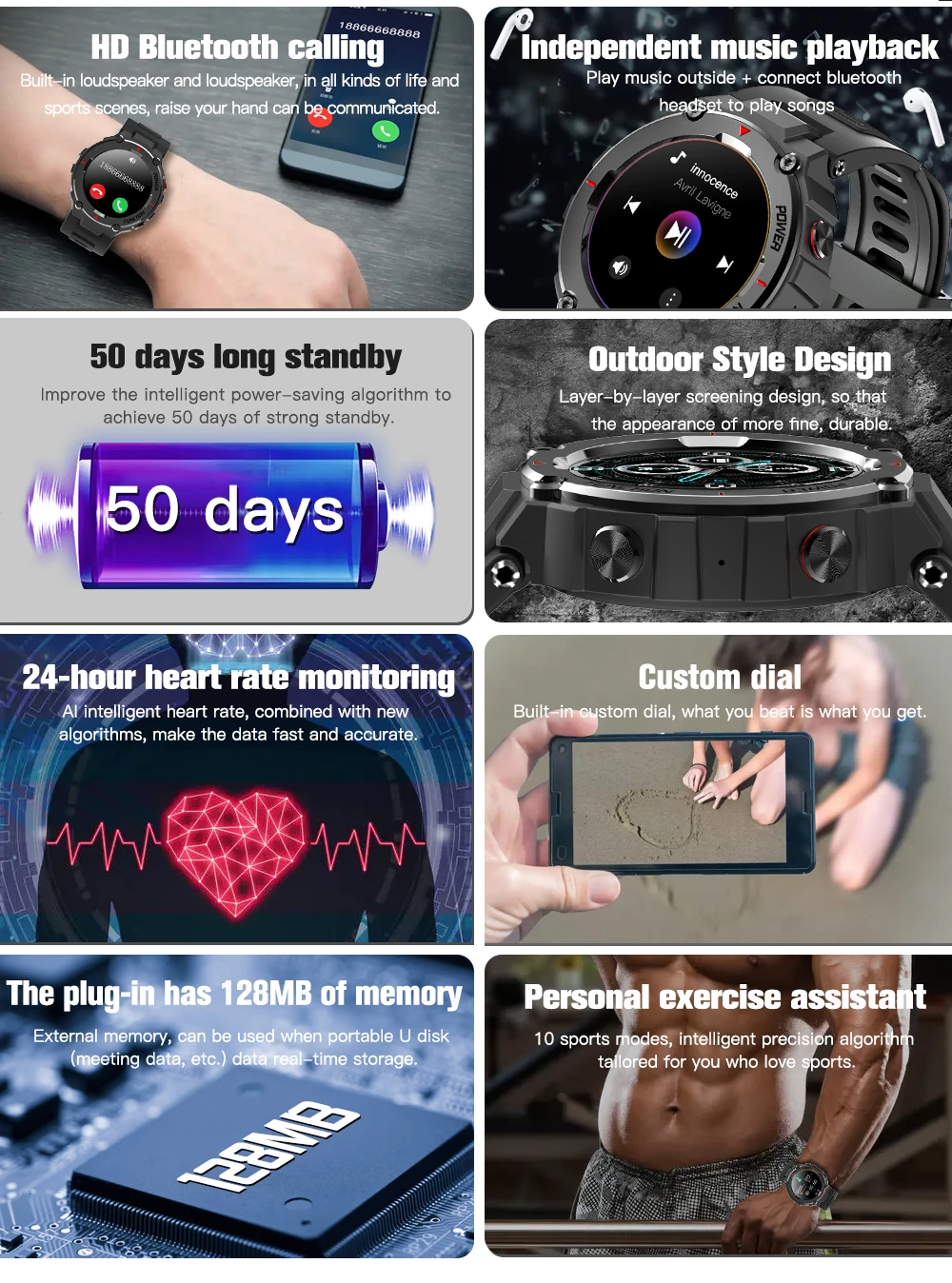 Large Screen Fossil Smart Watch Real Time Blood Oxygen Band Waterproof