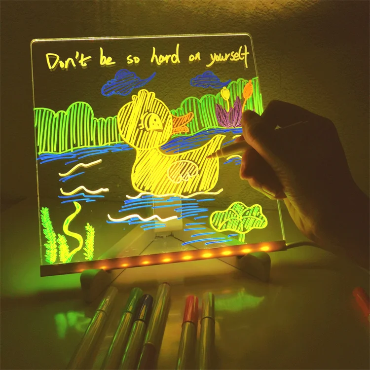 DIY Hand Draw Light Up Board With Stand Glow Memo LED Message Board Note Acrylic Board Light with 7 Color Pen For Kids Paint