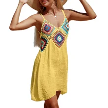 Hand Crochet Patchwork Colorful Patterned V-Neck Pullover Hollow Out Breathable Beach Bikini Cover-Up Dress