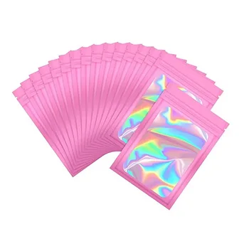 Custom Hologram Small Pouch Iridescent Mylar Mini Ziplock Bag Pink ...