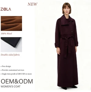 Winter Women's Vintage Casual Woolen 100% Wool Coat Long Length Breathable Eco-Friendly Detachable Belt Collar Plain Dyed