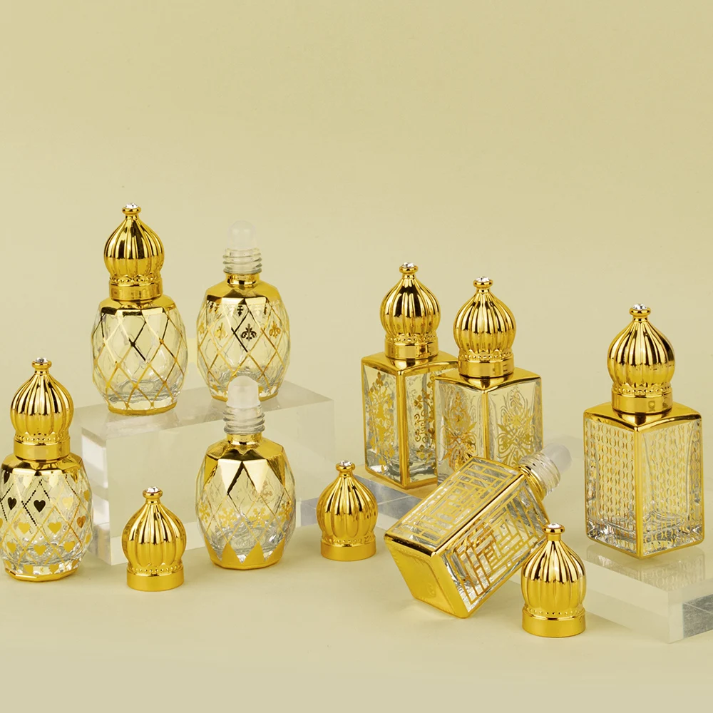 Empty square 3ml 6ml 9ml 12ml Luxury Electroplating Gold Crown Cap Roll on Glass Perfume Attar Bottles with Stick