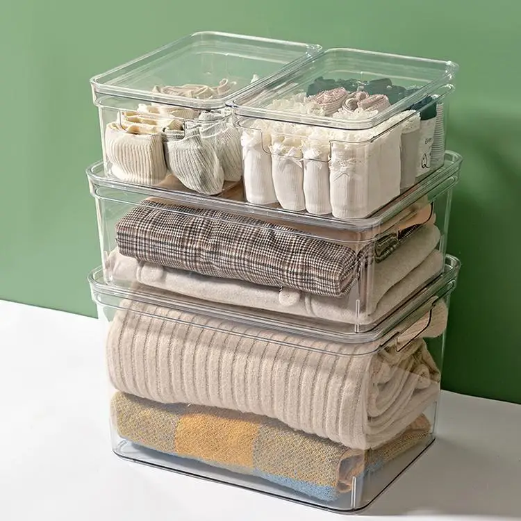 Boîte de rangement de vêtements, organisateur de nécessités quotidiennes, boîte de rangement de vêtements empilable en plastique transparent PET multifonction, organisateur de vêtements moderne, vente en gros