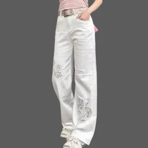 2026SF Streetwear Women's Jeans with Hot Diamond T & Animal Pattern Embroidery Vintage Wide Leg Denim Pants Decorated Button